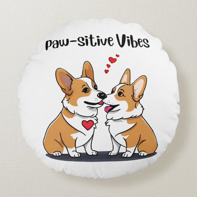 Vibes Corgis i kärlek Rund Kudde (Framsidan)