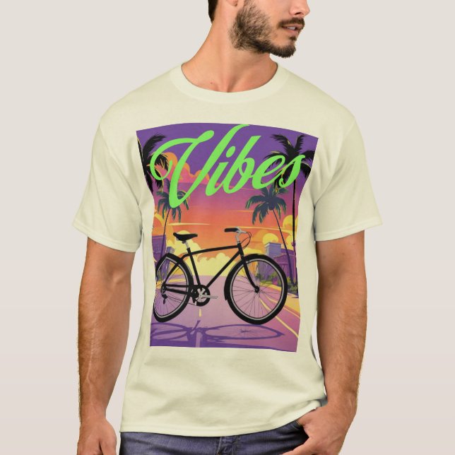 "Vibes" Retro Bicycle Sunset City T Shirt (Framsida)