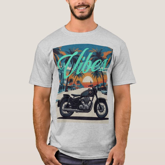 "Vibes" Retro Motorcycle Sunset Street T Shirt (Framsida)