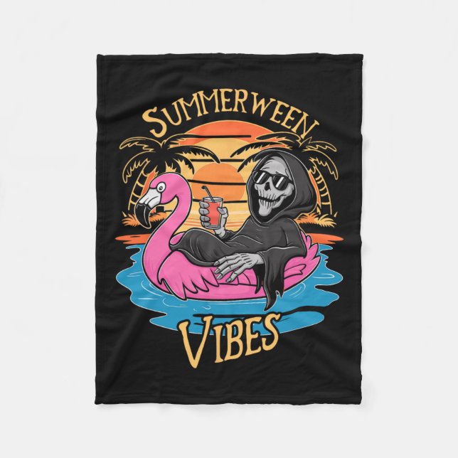 Vibes Skeleton Flamingo Spooky Halloween Summer Fleecefilt (Framsidan)
