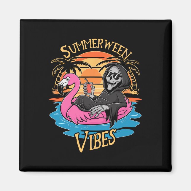 Vibes Skeleton Flamingo Spooky Halloween Summer Magnet (Framsidan)