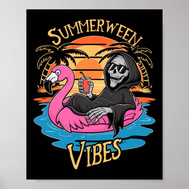 Vibes Skeleton Flamingo Spooky Halloween Summer Poster (Framsidan)