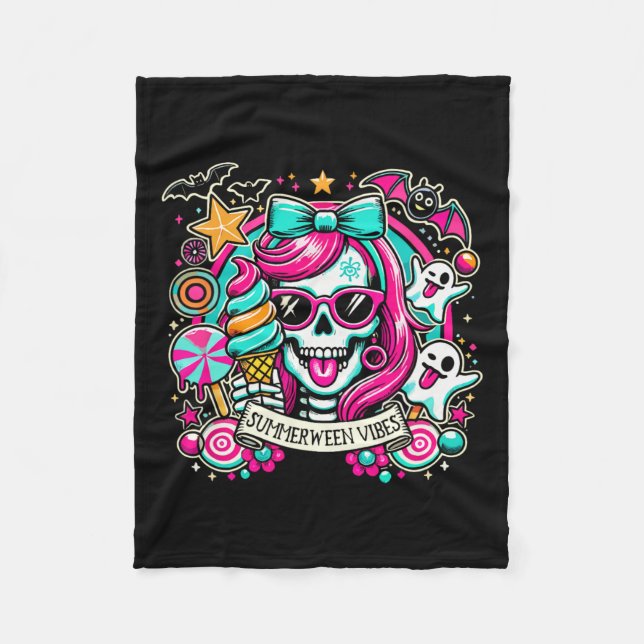 Vibes Skeleton Spooky Vacation Halloween Sommar 1 Fleecefilt (Framsidan)