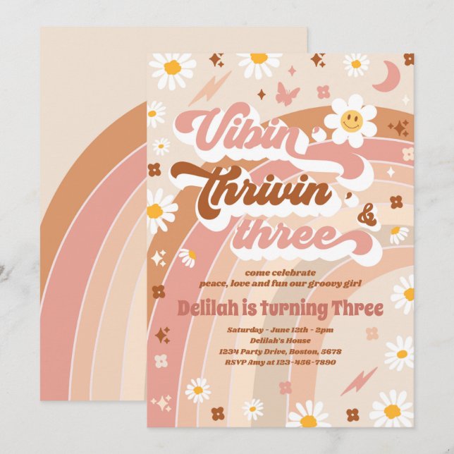 Vibin'Thrivin' och tre Groovy 3:e födelsedagen Inbjudningar (Fram/baksida)