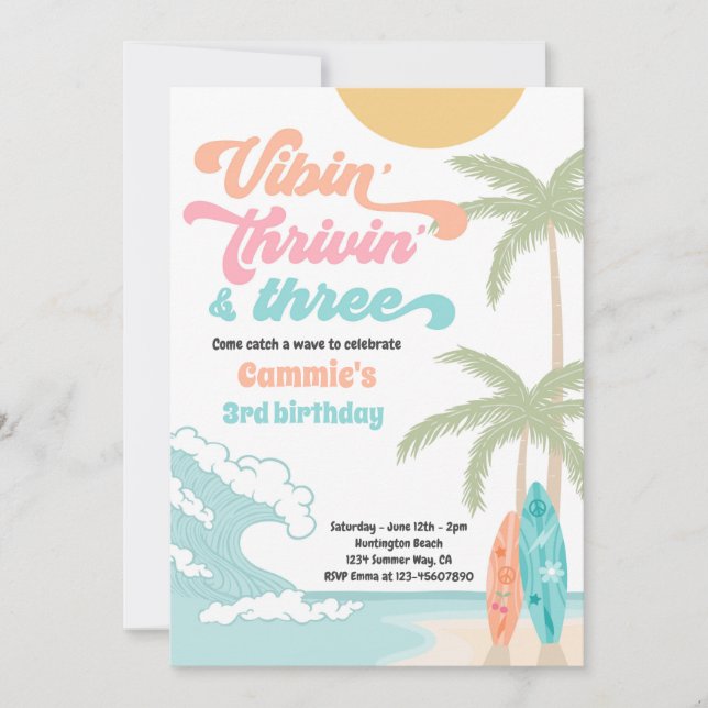 Vibin'Thrivin'& Three Retro Surfa Beach Birthday Inbjudningar (Framsida)