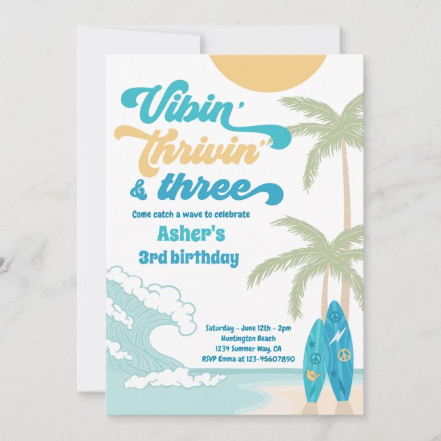 Vibin'Thrivin'& Three Retro Surfa Beach Birthday Inbjudningar (Framsida)