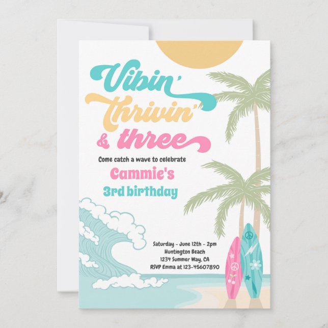 Vibin'Thrivin'& Three Retro Surfa Beach Birthday Inbjudningar (Framsida)