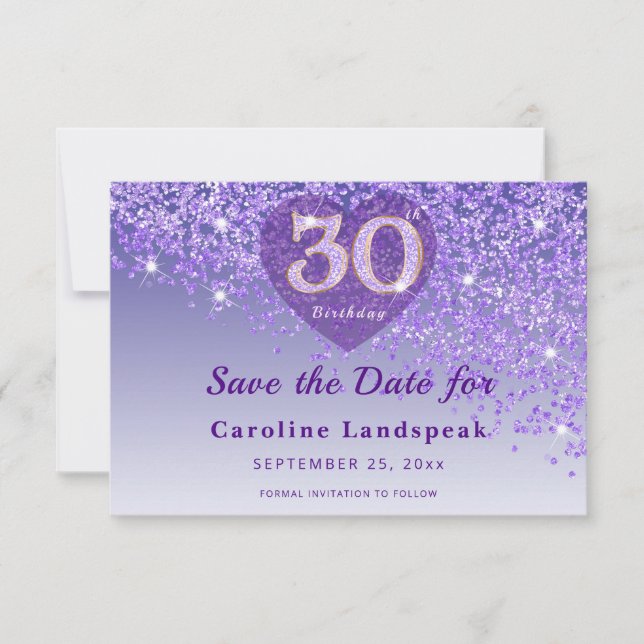 Vibrant 30th Birthday Purple Glitter Frosted Heart Spara Datumet (Framsida)