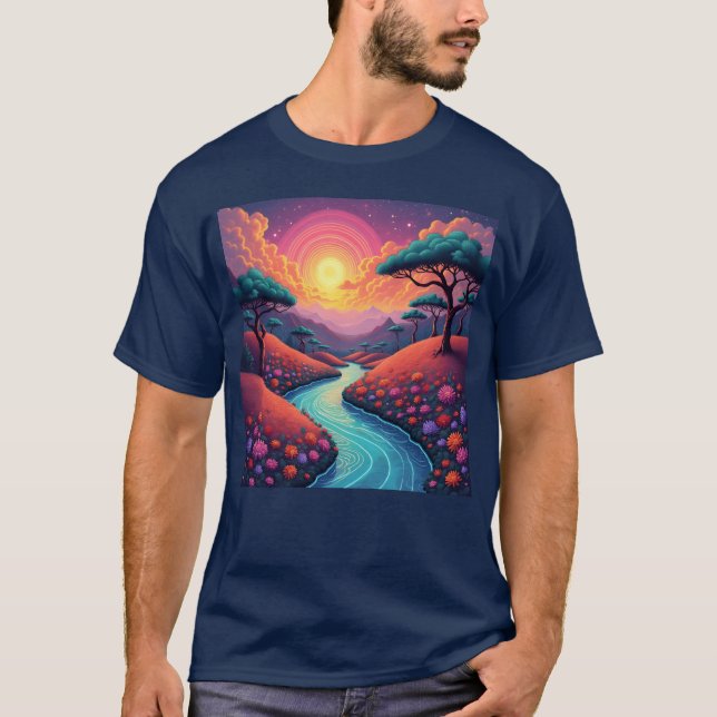 Vibrant 70s dreamscape blending nature and groovy  t shirt (Framsida)