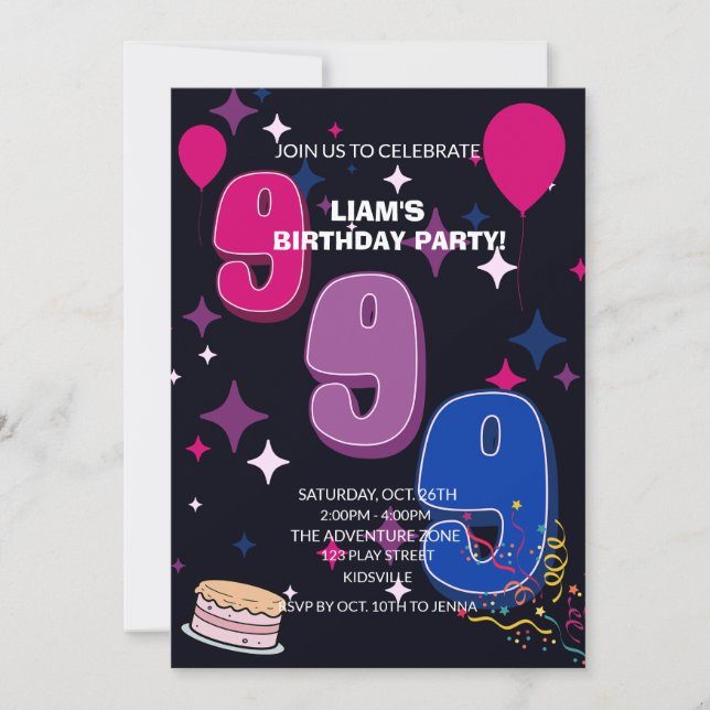 Vibrant 9th Birthday  | Pink Blue Confetti Inbjudningar (Framsida)