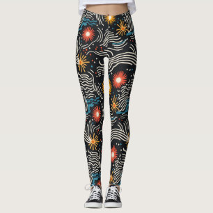 Vibrant Abstrakt Blommigt Vinkarare på svart Leggings