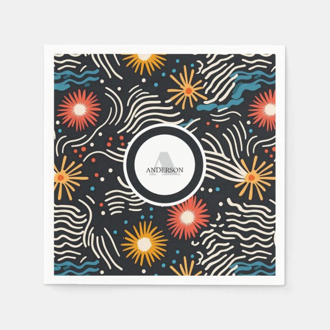 Vibrant Abstrakt Blommigt Vinkarare på svart Pappersservett (Framsidan)