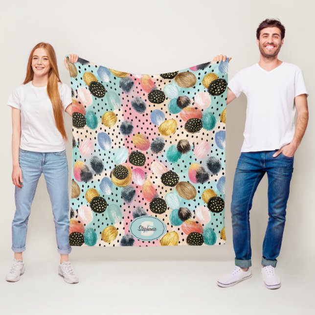 Vibrant Abstrakt Brushstroke & Polka Dot Mönster Fleecefilt (På plats)