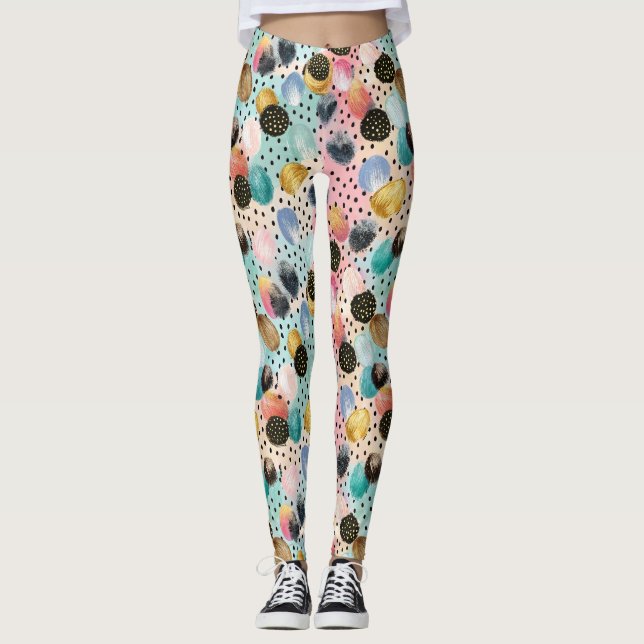 Vibrant Abstrakt Brushstroke & Polka Dot Mönster Leggings (Framsida)