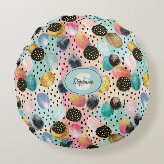 Vibrant Abstrakt Brushstroke & Polka Dot Mönster Rund Kudde
