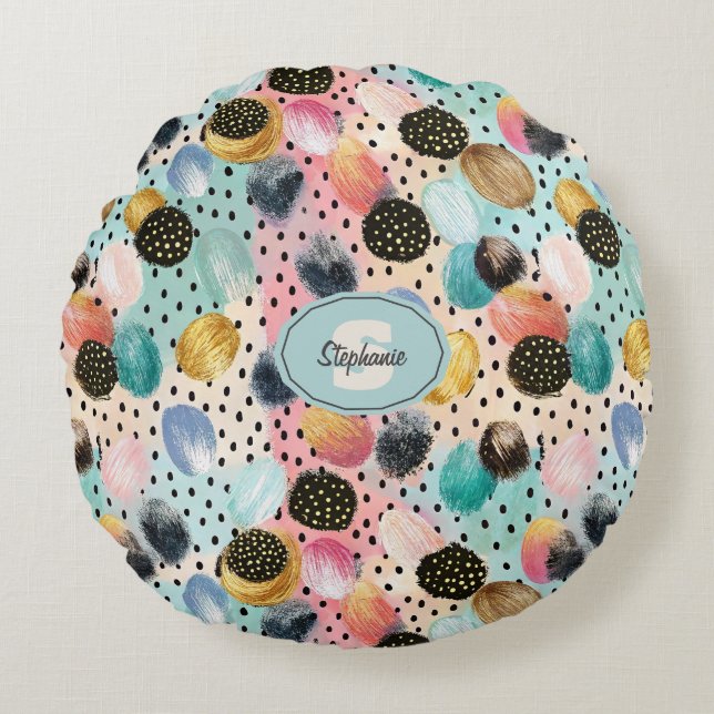 Vibrant Abstrakt Brushstroke & Polka Dot Mönster Rund Kudde (Framsidan)