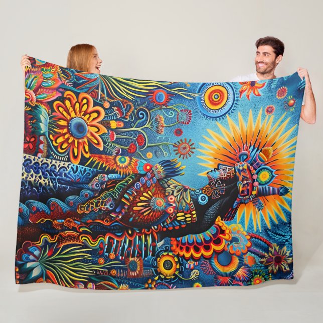 Vibrant Abstrakt Ethnic Huichol Tribal Mönster Fleecefilt (På plats)