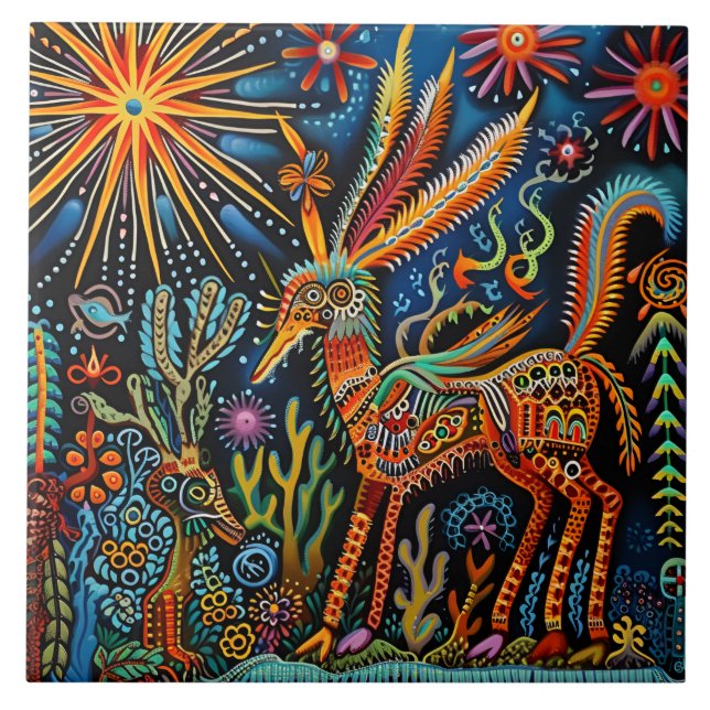 Vibrant Abstrakt Ethnic Huichol Tribal Mönster Kakelplatta (Framsidan)