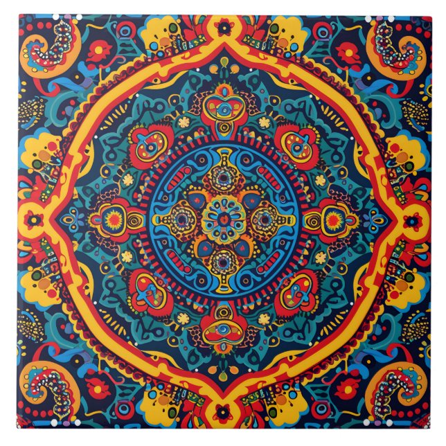 Vibrant Abstrakt Ethnic Huichol Tribal Mönster Kakelplatta (Framsidan)