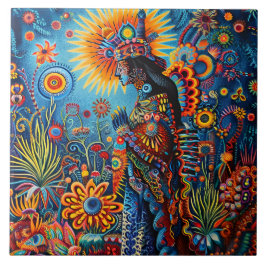 Vibrant Abstrakt Ethnic Huichol Tribal Mönster Kakelplatta
