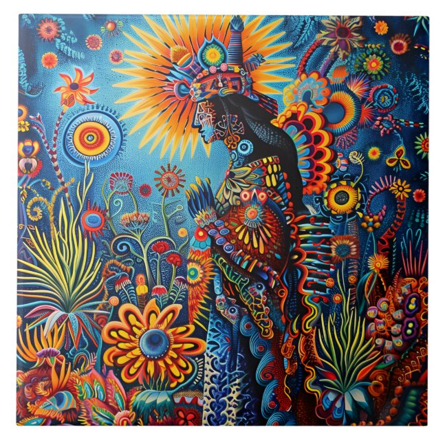Vibrant Abstrakt Ethnic Huichol Tribal Mönster Kakelplatta (Framsidan)