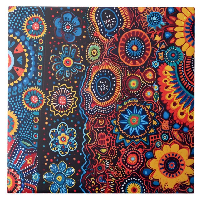 Vibrant Abstrakt Ethnic Huichol Tribal Mönster Kakelplatta (Framsidan)