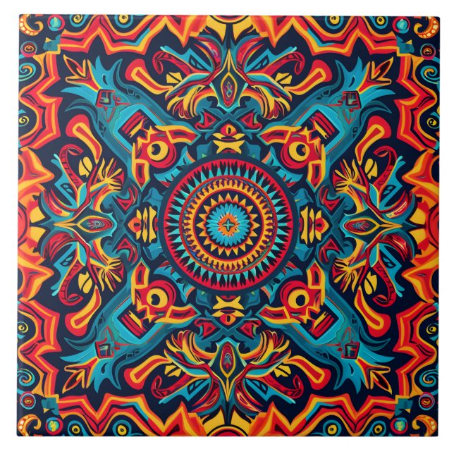 Vibrant Abstrakt Ethnic Huichol Tribal Mönster Kakelplatta (Framsidan)