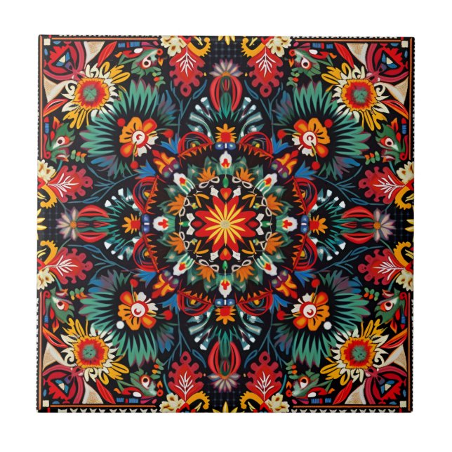 Vibrant Abstrakt Ethnic Huichol Tribal Mönster Kakelplatta (Framsidan)