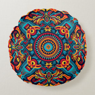Vibrant Abstrakt Ethnic Huichol Tribal Mönster Rund Kudde