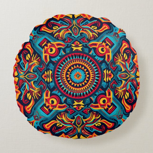 Vibrant Abstrakt Ethnic Huichol Tribal Mönster Rund Kudde (Framsidan)