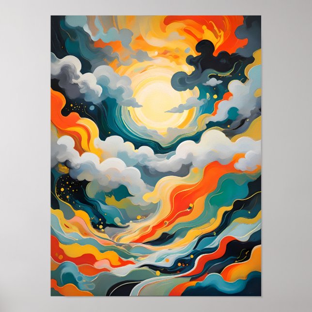 Vibrant Abstrakt fet Sol - strålande vågor Poster (Framsidan)