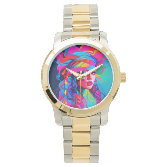 Vibrant Abstrakt Porträtt Armbandsur (Framsida)