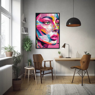 Vibrant Abstrakt Porträtt Kvinnors Ansikte Rosa Bl Fototryck
