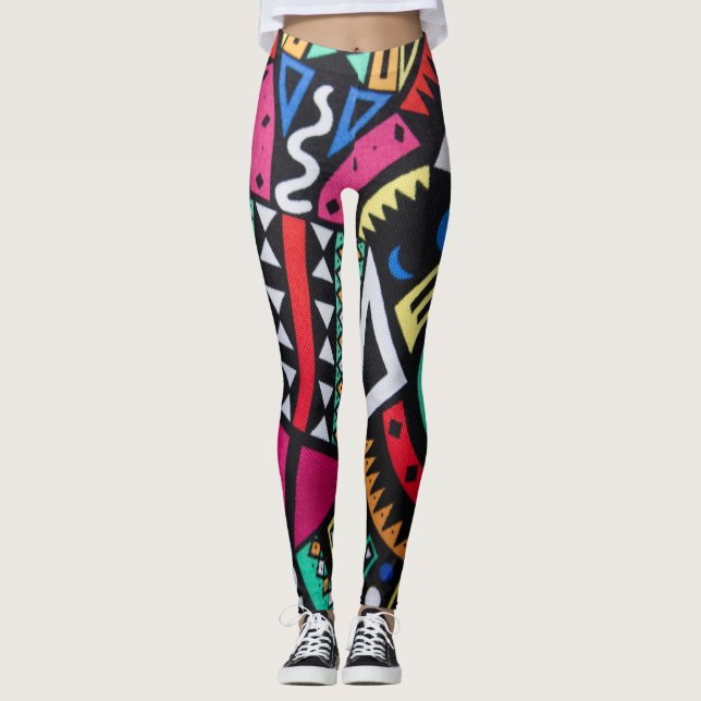 Vibrant Afro-Centric Geometric Pattern – Bold Trib Leggings (Framsida)