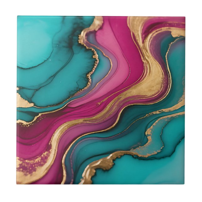 Vibrant Alcohol Ink Abstract Teal Magenta Gold Kakelplatta (Framsidan)