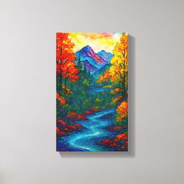 Vibrant Alcohol Ink Mountain river and trees  Canvastryck (Framsida)