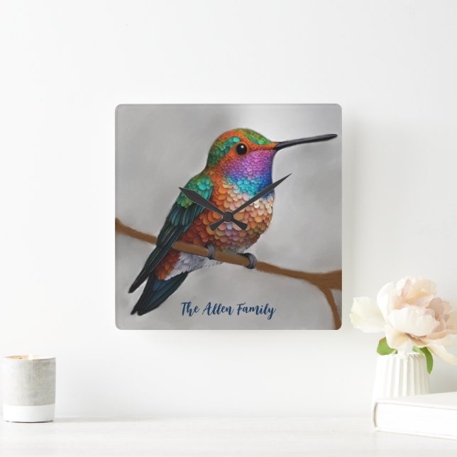 Vibrant Allen’s Hummingbird Painting Fyrkantig Klocka (Hem)
