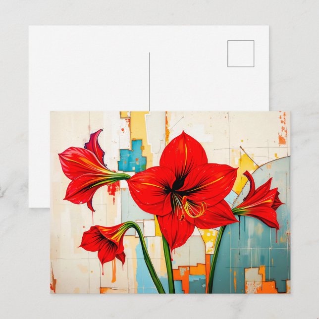 Vibrant Amaryllis i Modern Abstrakt Stil Helg Vykort (Fram/baksida)
