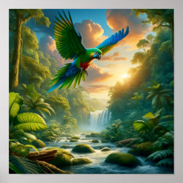 Vibrant Amazon Parrot i Lush Rainforest Poster