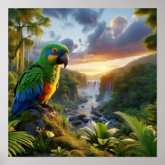 Vibrant Amazon Parrot i Lush Rainforest Poster (Framsidan)