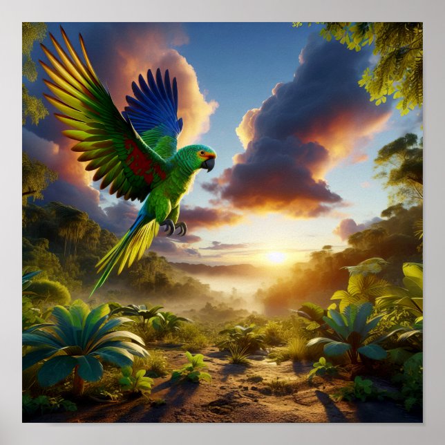 Vibrant Amazon Parrot i Lush Rainforest Poster (Framsidan)