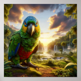 Vibrant Amazon Parrot i Lush Rainforest Poster