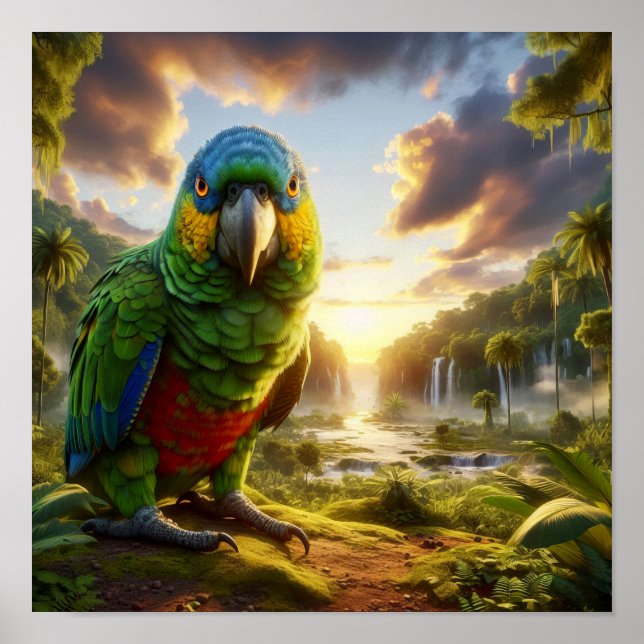 Vibrant Amazon Parrot i Lush Rainforest Poster (Framsidan)
