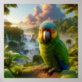 Vibrant Amazon Parrot i Lush Rainforest Poster