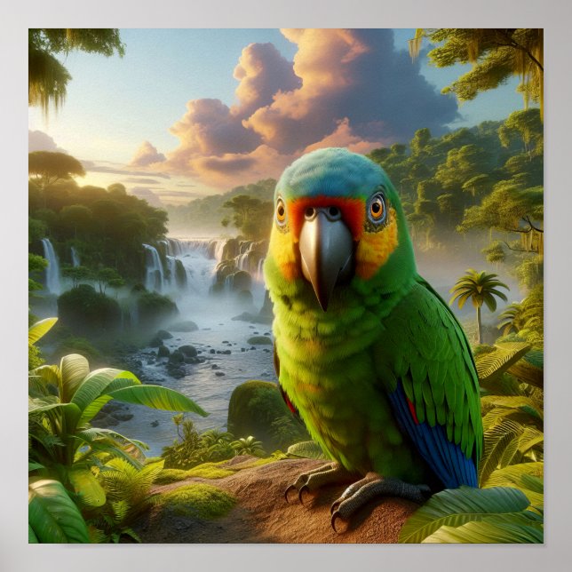 Vibrant Amazon Parrot i Lush Rainforest Poster (Framsidan)