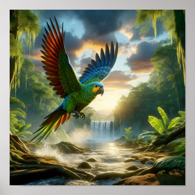 Vibrant Amazon Parrot i Lush Rainforest Poster (Framsidan)