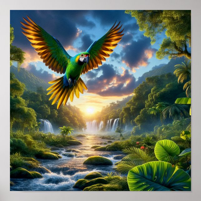 Vibrant Amazon Parrot i Lush Rainforest Poster (Framsidan)