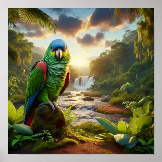 Vibrant Amazon Parrot i Lush Rainforest Poster (Framsidan)