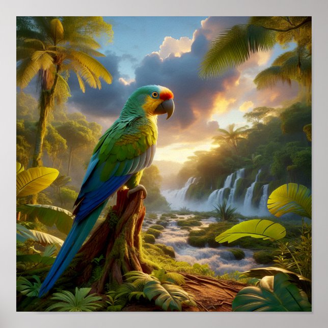 Vibrant Amazon Parrot i Lush Rainforest Poster (Framsidan)