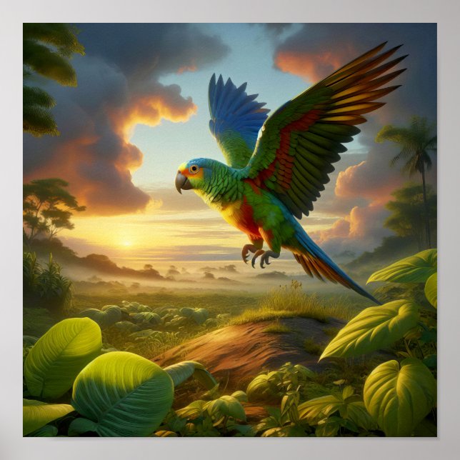 Vibrant Amazon Parrot i Lush Rainforest Poster (Framsidan)